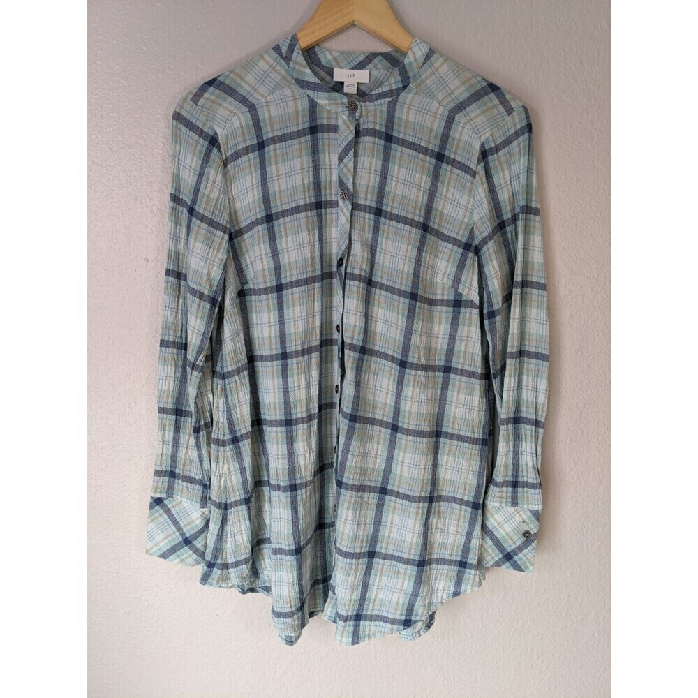 J.Jill Seafoam Blue Plaid Crinkled Button Down Shirt Size Small